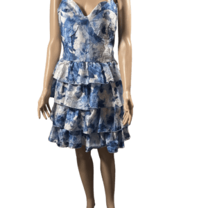 Blue and white floral sleeveless dress with layered ruffles.