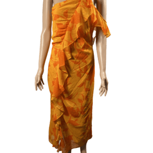 A mannequin dressed in an orange and yellow tie-dye sari.