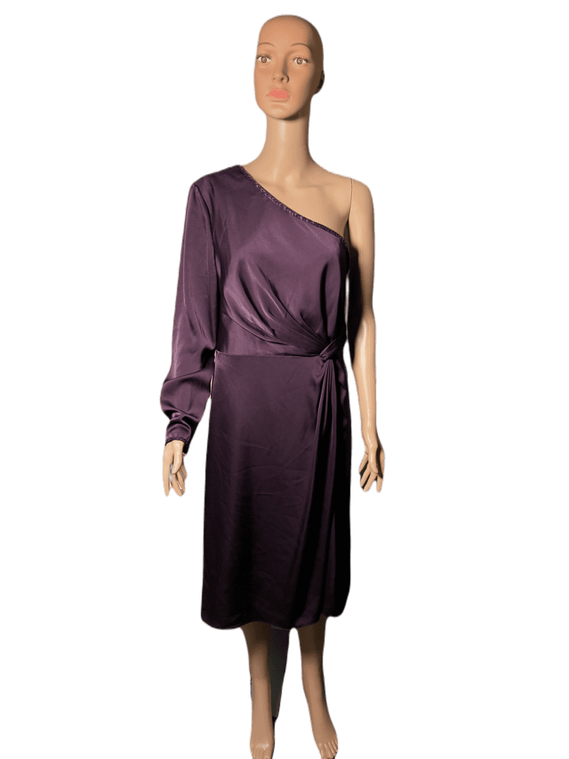 Elegant one-shoulder purple dress with long sleeve on one side.