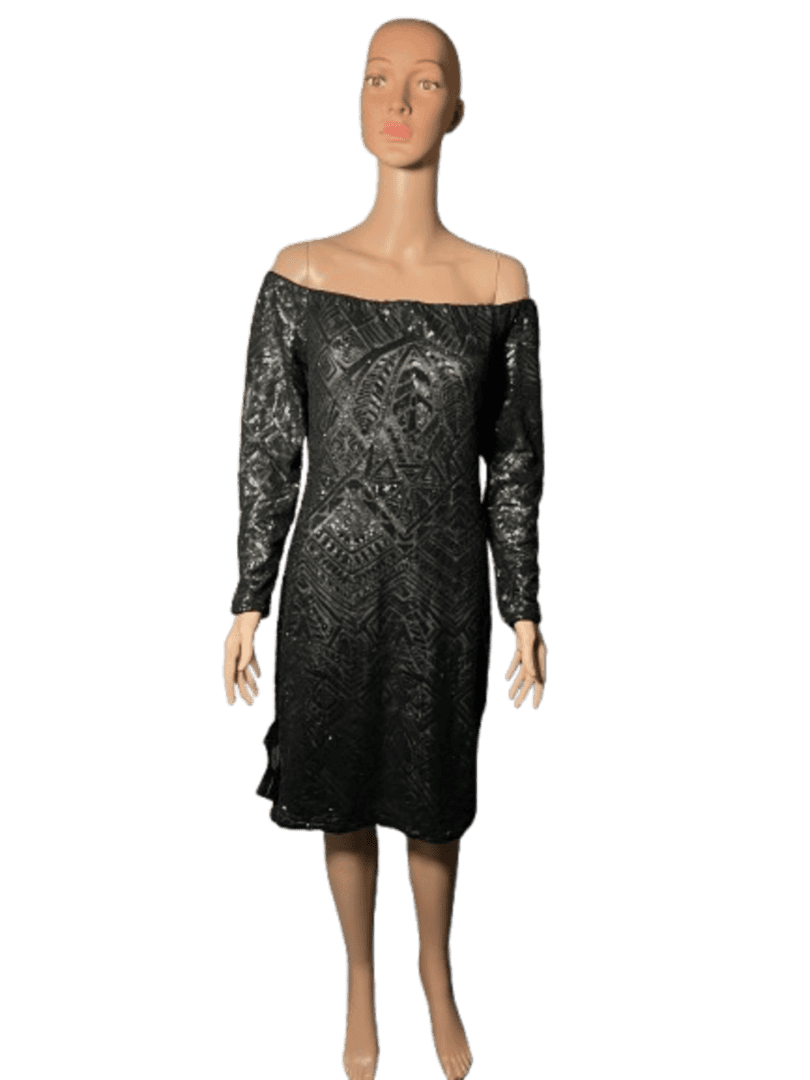 Elegant black off-shoulder dress with long sleeves and textured fabric.