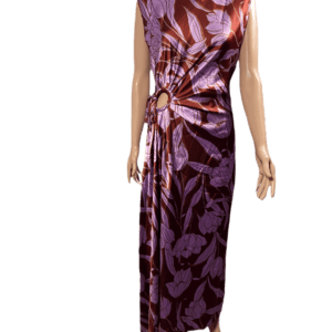 Elegant purple floral dress with a side tie detail.