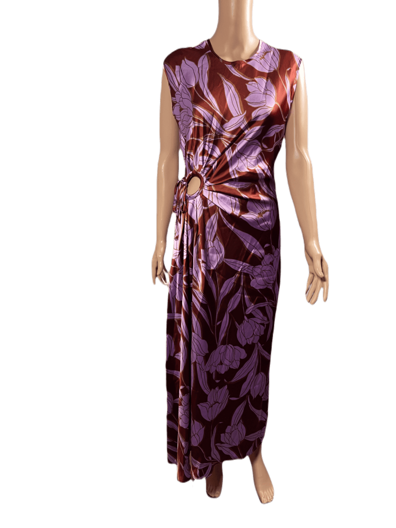 Elegant purple floral dress with a side tie detail.