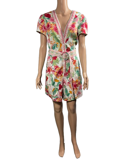 Colorful floral wrap dress with short sleeves.