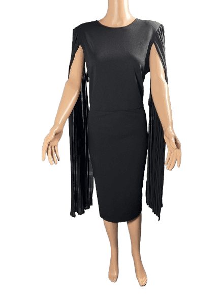 Black sleeveless dress with side slits and cape-like overlay.