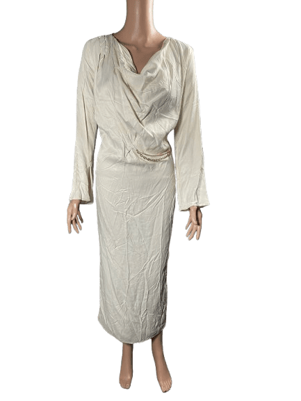 Elegant white long-sleeve evening dress with a draped neckline and fitted waist.