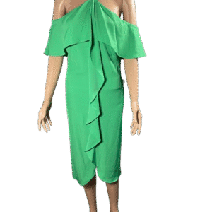 Green off-shoulder dress with ruffle details and midi length.