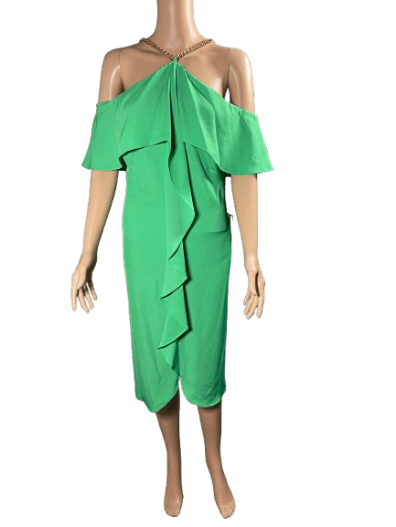 Green off-shoulder dress with ruffle details and midi length.