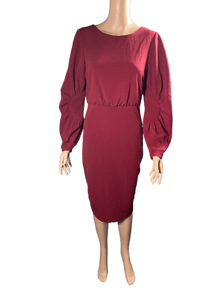 Elegant long-sleeve burgundy midi dress with a fitted waist.