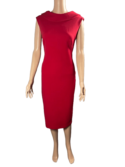 Elegant sleeveless red midi dress with a fitted silhouette.