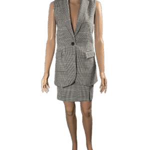 Sleeveless grey plaid blazer dress with a deep V-neck and button closure.