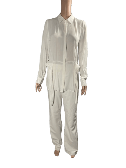 White long-sleeve hooded jumpsuit with front pockets and loose fit.