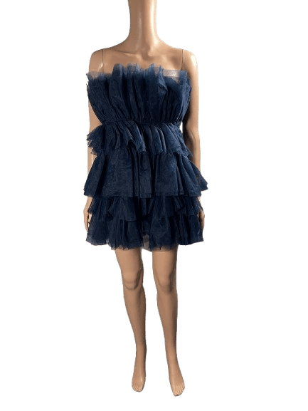 Navy blue strapless dress with layered ruffles.