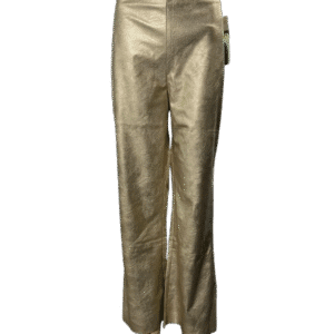 Shiny gold-colored pants with a straight-leg fit.