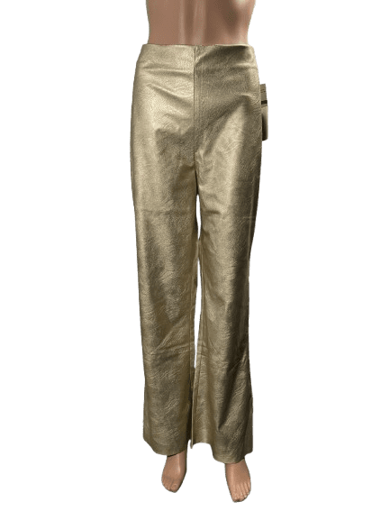 Shiny gold-colored pants with a straight-leg fit.