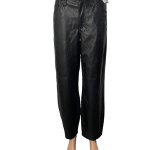 Black faux leather pants with a relaxed fit and ankle-length cut.