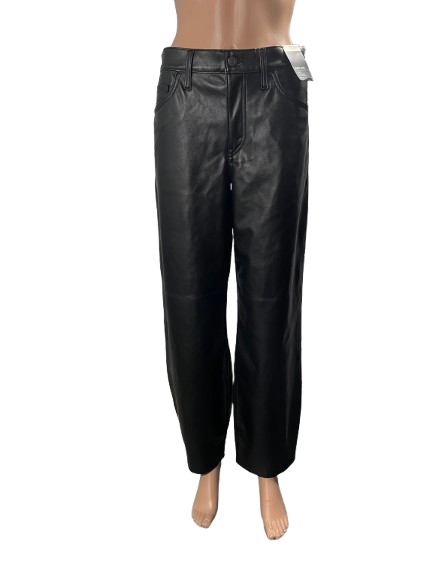 Black faux leather pants with a relaxed fit and ankle-length cut.