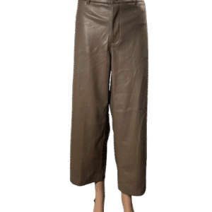 Brown faux leather wide-leg pants with a high waist.