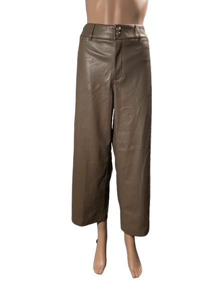 Brown faux leather wide-leg pants with a high waist.