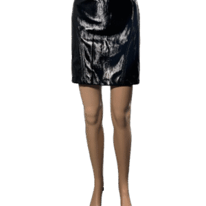 Black leather mini skirt with front zipper detail.