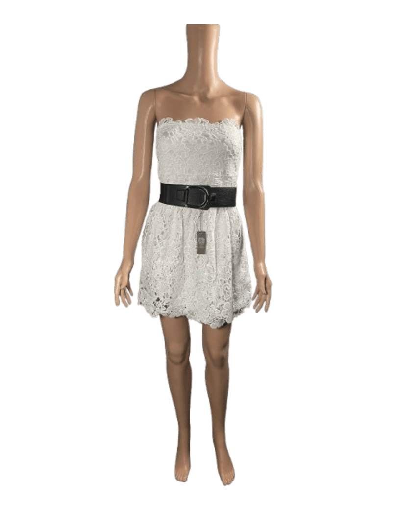 Elegant strapless white dress with black belt detail.