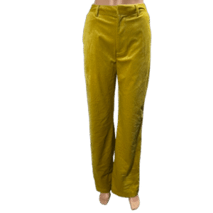 Pair of mustard yellow corduroy pants with a straight-leg cut.