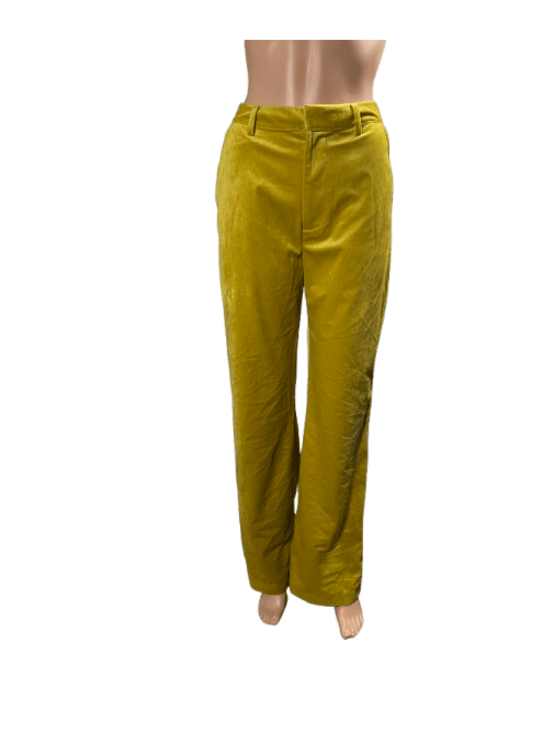 Pair of mustard yellow corduroy pants with a straight-leg cut.
