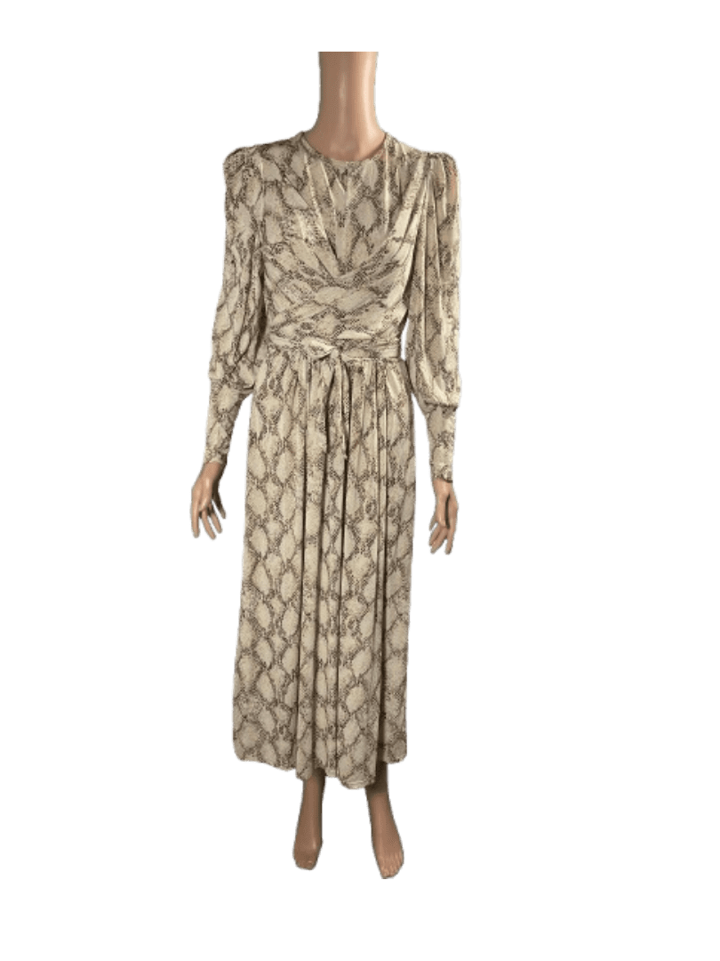 Long beige dress with patterned design and cinched waist.