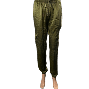 Olive green shiny pants displayed on a mannequin.