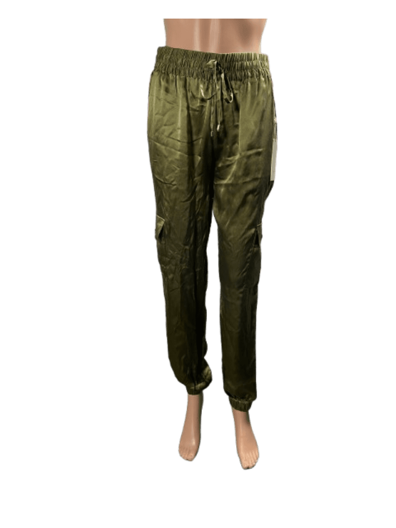 Olive green shiny pants displayed on a mannequin.