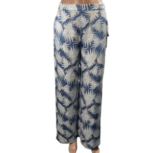 Women's casual pants with a blue tropical leaf pattern.