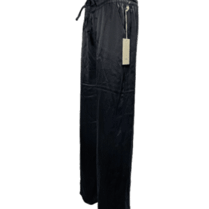 Black high-waisted pants with a belt and tag attached.