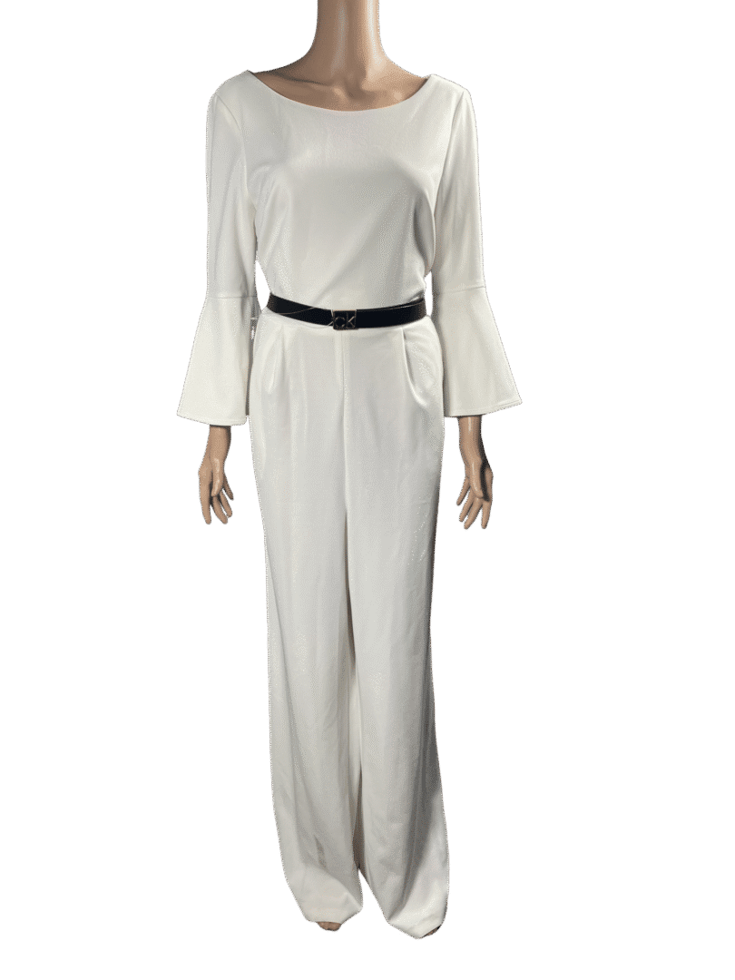 Elegant white jumpsuit with flared sleeves and a black belt.