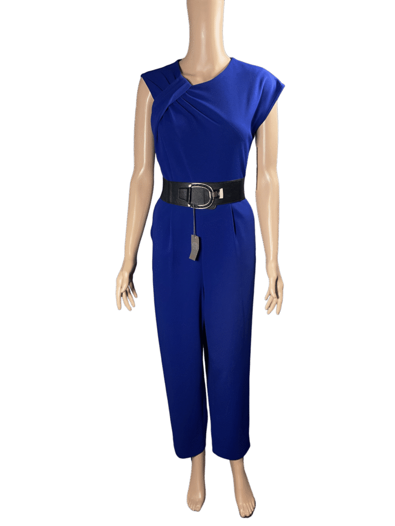 Blue sleeveless jumpsuit with a black belt.