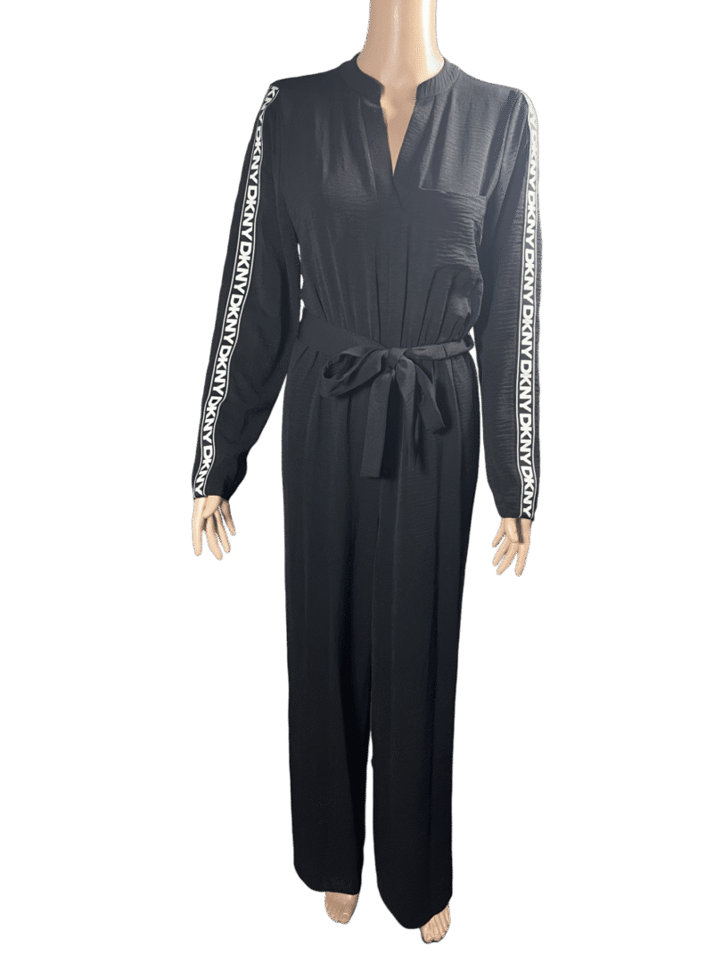 Elegant black long-sleeve jumpsuit with a waist tie.