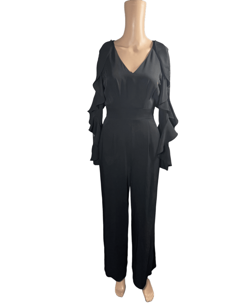 Elegant black jumpsuit with long sleeves and a V-neckline.