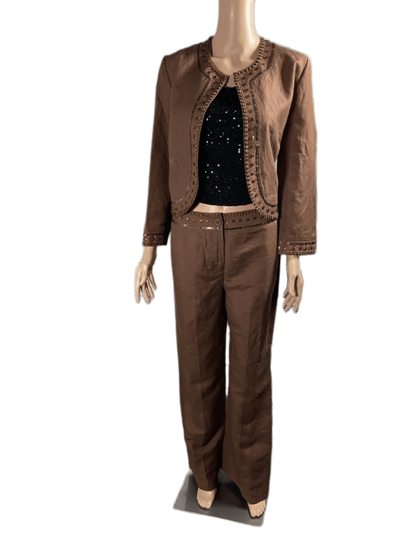 Brown pantsuit with a cropped jacket and black top.