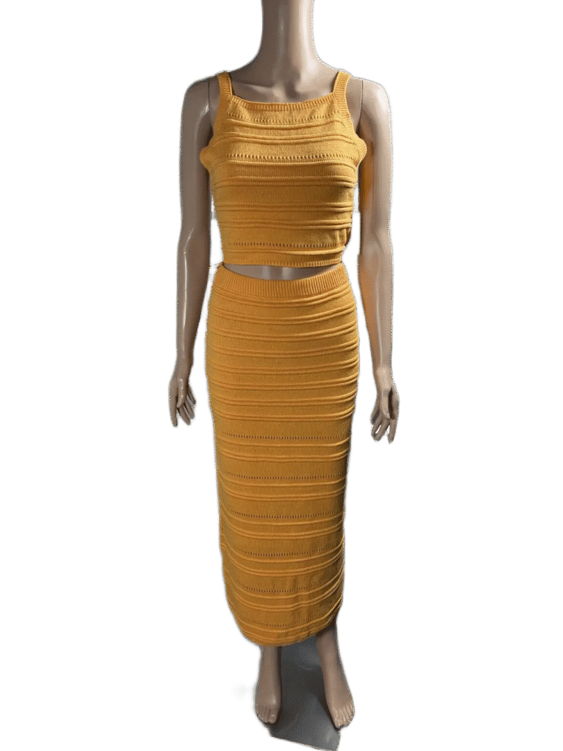 Yellow sleeveless midi dress with gathered fabric details.