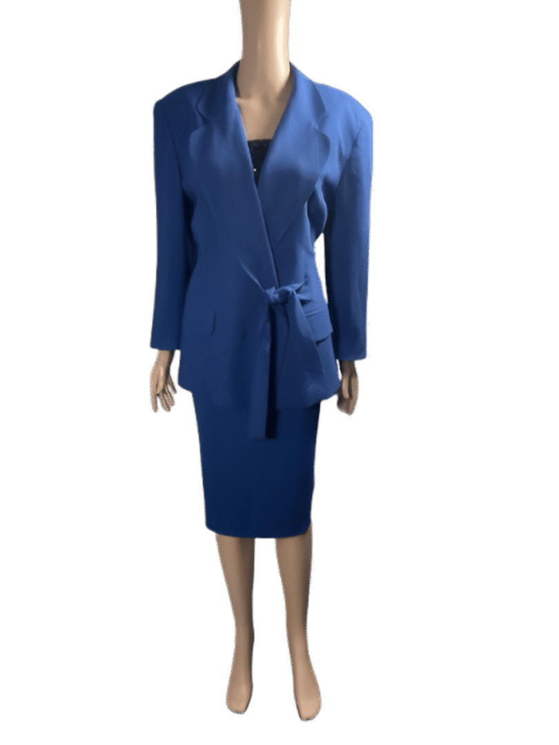 Elegant blue women's suit with skirt and blazer.