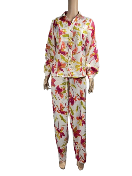 Colorful floral pajama set with long sleeves and pants.
