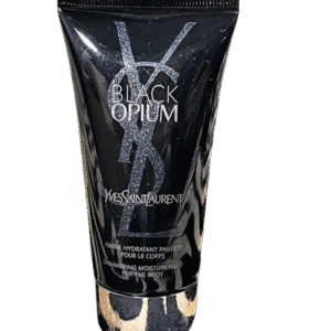 Black Opium Yves Saint Laurent cosmetic tube with leopard print cap.