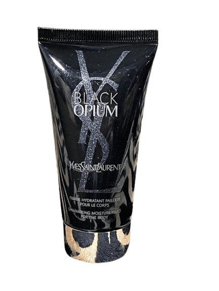 Black Opium Yves Saint Laurent cosmetic tube with leopard print cap.