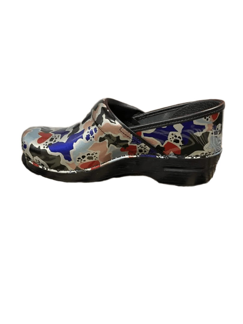 Colorful floral patterned clog with a slight heel.