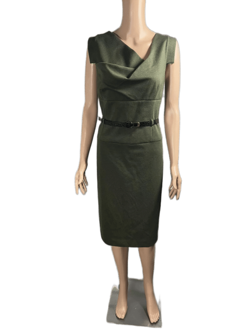 Sleeveless olive green dress with a fitted waist and knee-length hem.