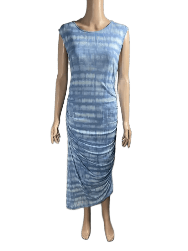 Sleeveless blue tie-dye midi dress with ruched detailing.