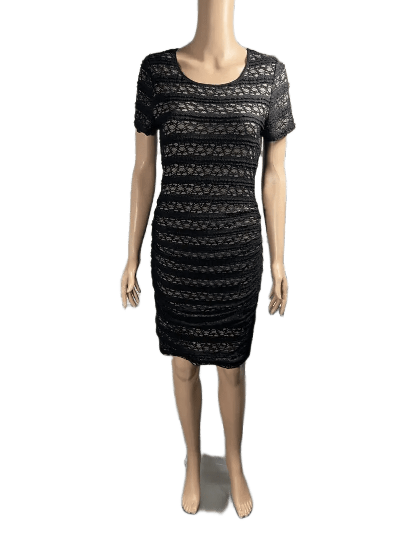 Black and gray striped knee-length dress with short sleeves.