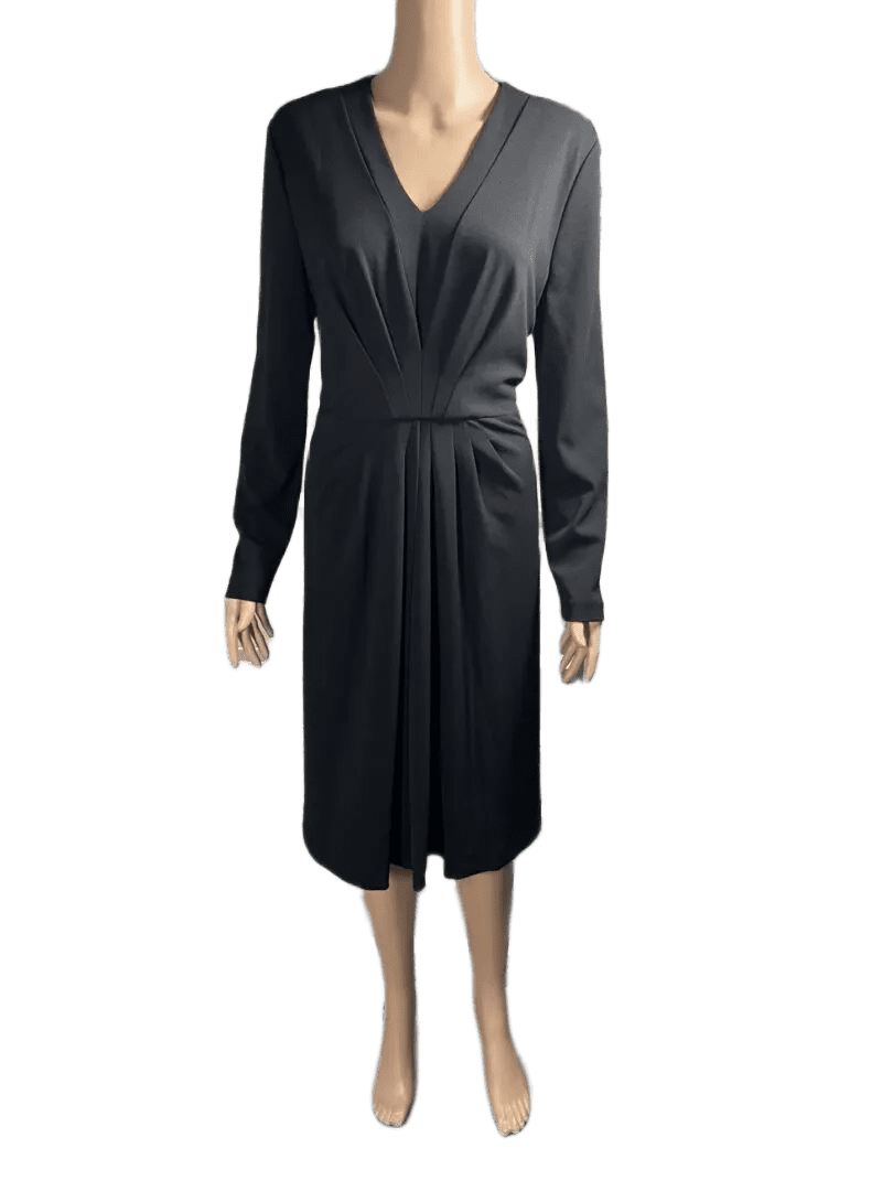 Elegant black long-sleeve midi dress with gathered waist detail.