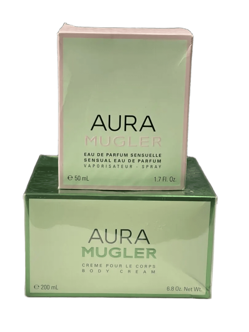Two green Aura Mugler perfume boxes stacked.