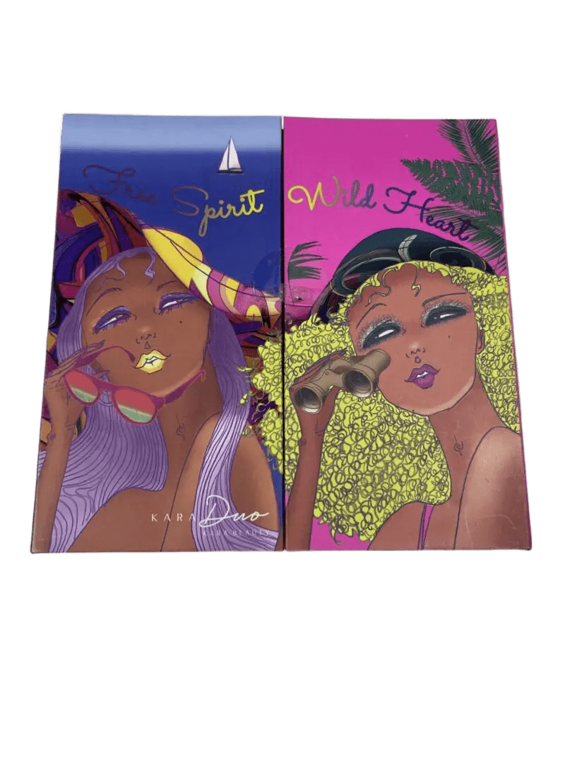 Two colorful phone cases with illustrated women's faces and vibrant backgrounds.