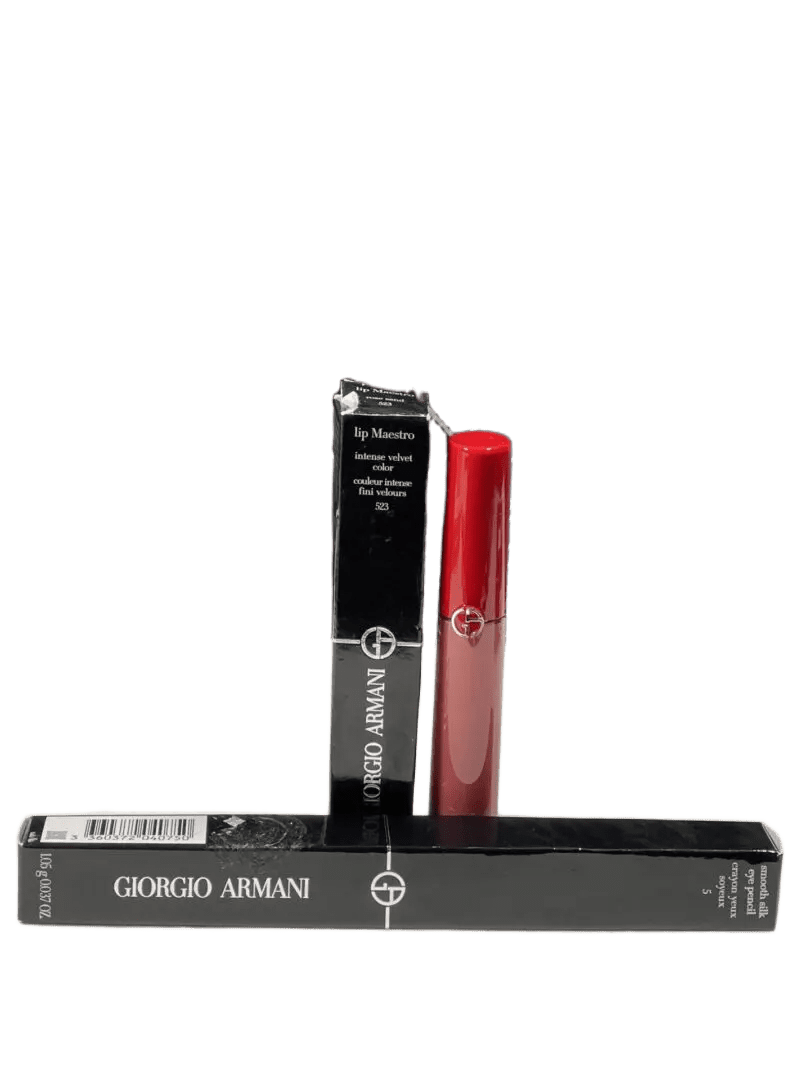 Giorgio Armani beauty products including lipstick and packaging.