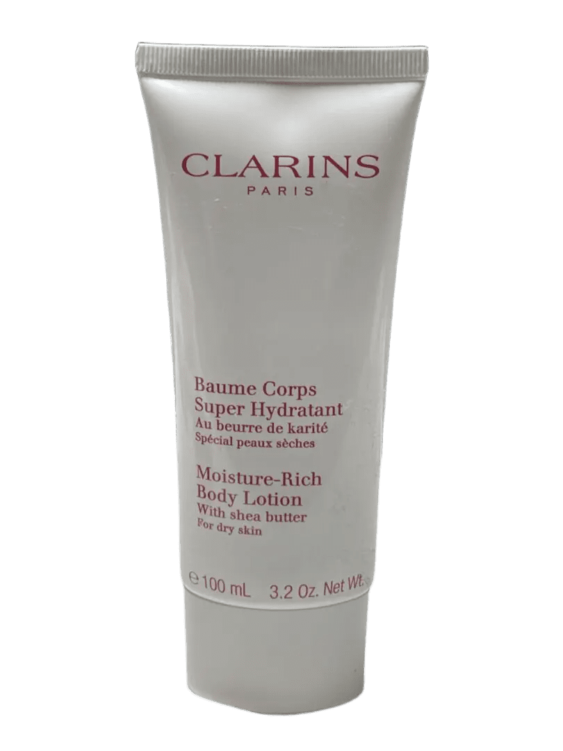 Clarins Moisture-Rich Body Lotion tube with white and red design.